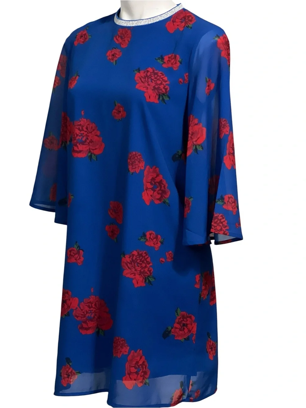 United Colors Of Benetton dress‎ sz M Blue Dress Floral Print sheer sleeve